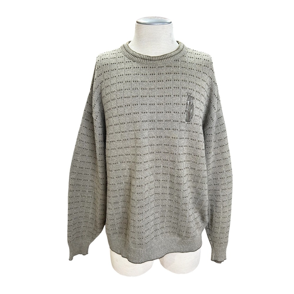 Carmel Mens Golf Sweater XL Sage Green Textured Knit Crewneck Cotton Embroidered